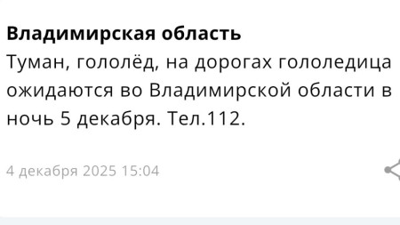 МЧС предупредило жителей Владимирской области о гололедице ночью 5 декабря