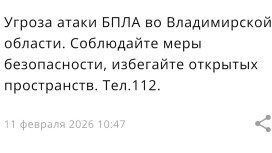 Угроза атаки БПЛА нависла над Владимирской областью утром 11 февраля