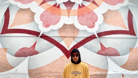 Во Владимире художник закончил огромное граффити по мотивам мстерской вышивки