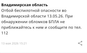 Владимирцам запретили приближаться к обломкам БПЛА после угрозы атаки 13 мая