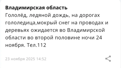 Во Владимирской области пойдет ледяной дождь ночью 24 ноября