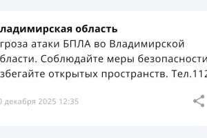 Угрозу атаки БПЛА объявили во Владимирской области днем 10 декабря