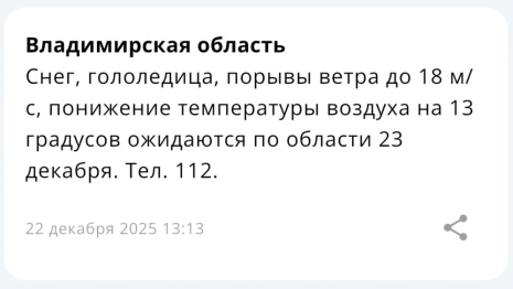 Во Владимирской области спрогнозировали морозы и гололедицу 23 декабря