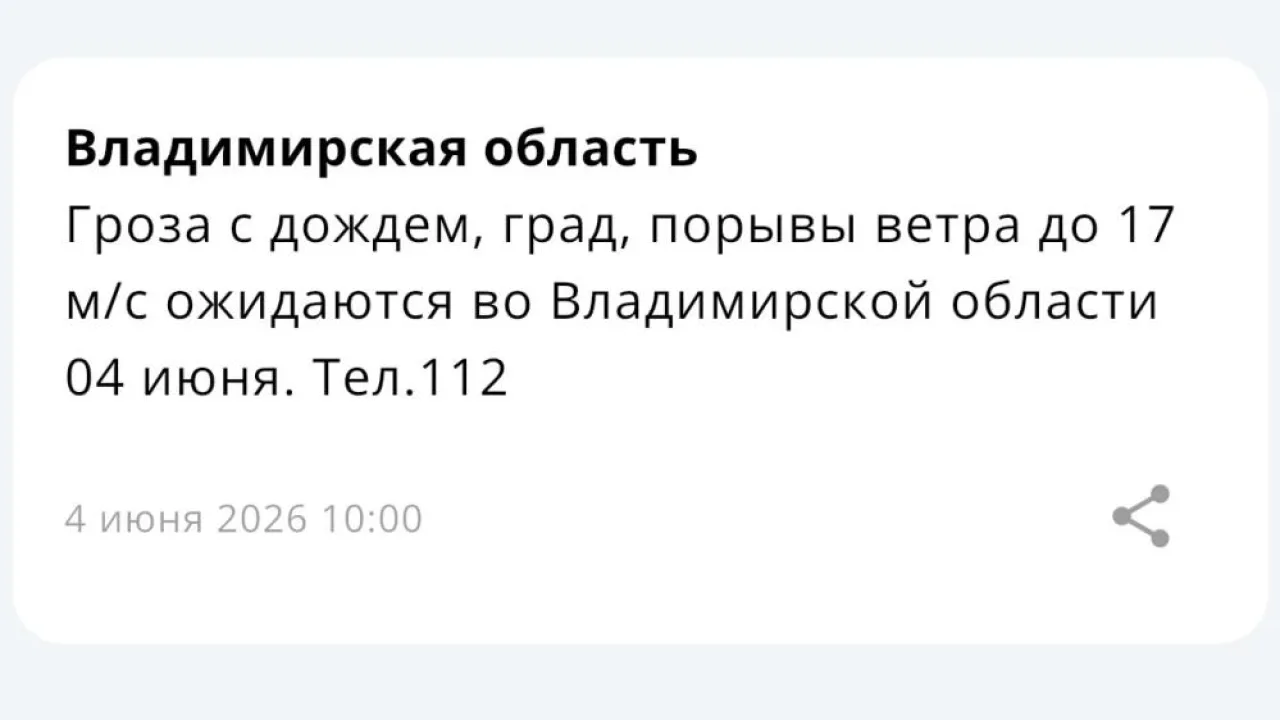 МЧС предупредило владимирцев о грозе и граде 4 июня