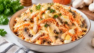 Бюджетно и вкусно: салат с корейской морковкой, грибами и курицей уделывает конкурентов — и надоесть не успел, и готовить просто