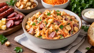 Пикантное чудо: салат с охотничьими колбасками и корейской морковкой — закуска с характером за 10 минут