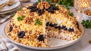 Не оливье и не «Мимоза»: готовлю салат «Шапка Мономаха» из курицы, орехов и чернослива — даже свекровь похвалила