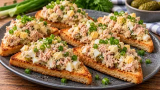 Не салат, а яркая закуска: гренки с тунцом, яйцом и маринованными огурчиками — делаю десятками, чтобы и мне досталось