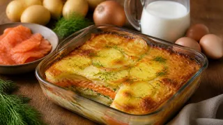 Картофельная запеканка с маринованным лососем: выложила продукты слоями – получилось как в ресторане