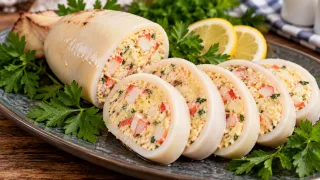 Уже жду эту закуску на Новый год: кальмар, фаршированный крабовыми палочками — получается нарядно и очень просто