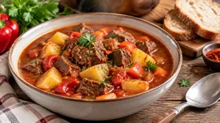 Целый обед в одной тарелке: венгерский суп-гуляш с нежным мясом и густым соусом — вкуснятина такая, что за уши не оттащишь
