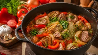 Не суп и не рагу: хашлама из баранины «По-кавказски» - кидаю мясо, помидоры и перец слоями, отвал головы