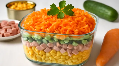 Слоеный салат «Зазеркалье»: разложила 5 дешевых продуктов в обратном порядке — получился совсем другой вкус