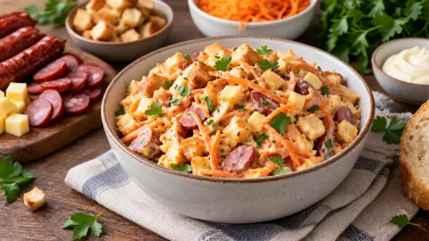 Пикантное чудо: салат с охотничьими колбасками и корейской морковкой — закуска с характером за 10 минут