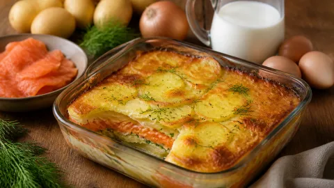 Картофельная запеканка с маринованным лососем: выложила продукты слоями – получилось как в ресторане