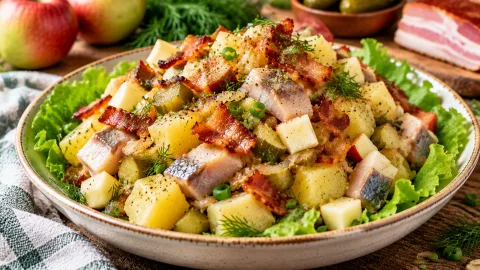 Салат с картошкой и селедкой по-немецки: вкуснее «шубы», проще оливье — классическое сочетание с изюминкой