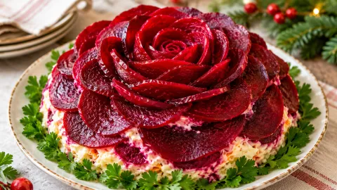 Эффектный салат «Роза»: слоеная вкуснятина с курицей, черносливом и сыром — аппетитно так же, как красиво